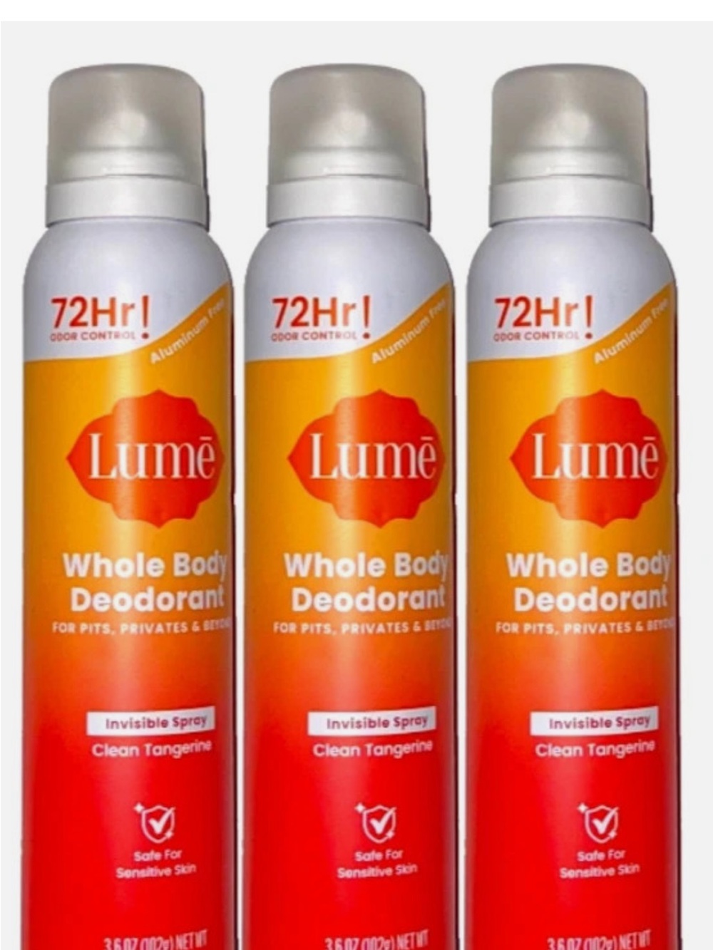 3Pk -Lume Aluminum free deodorant soft powder or tangerine
